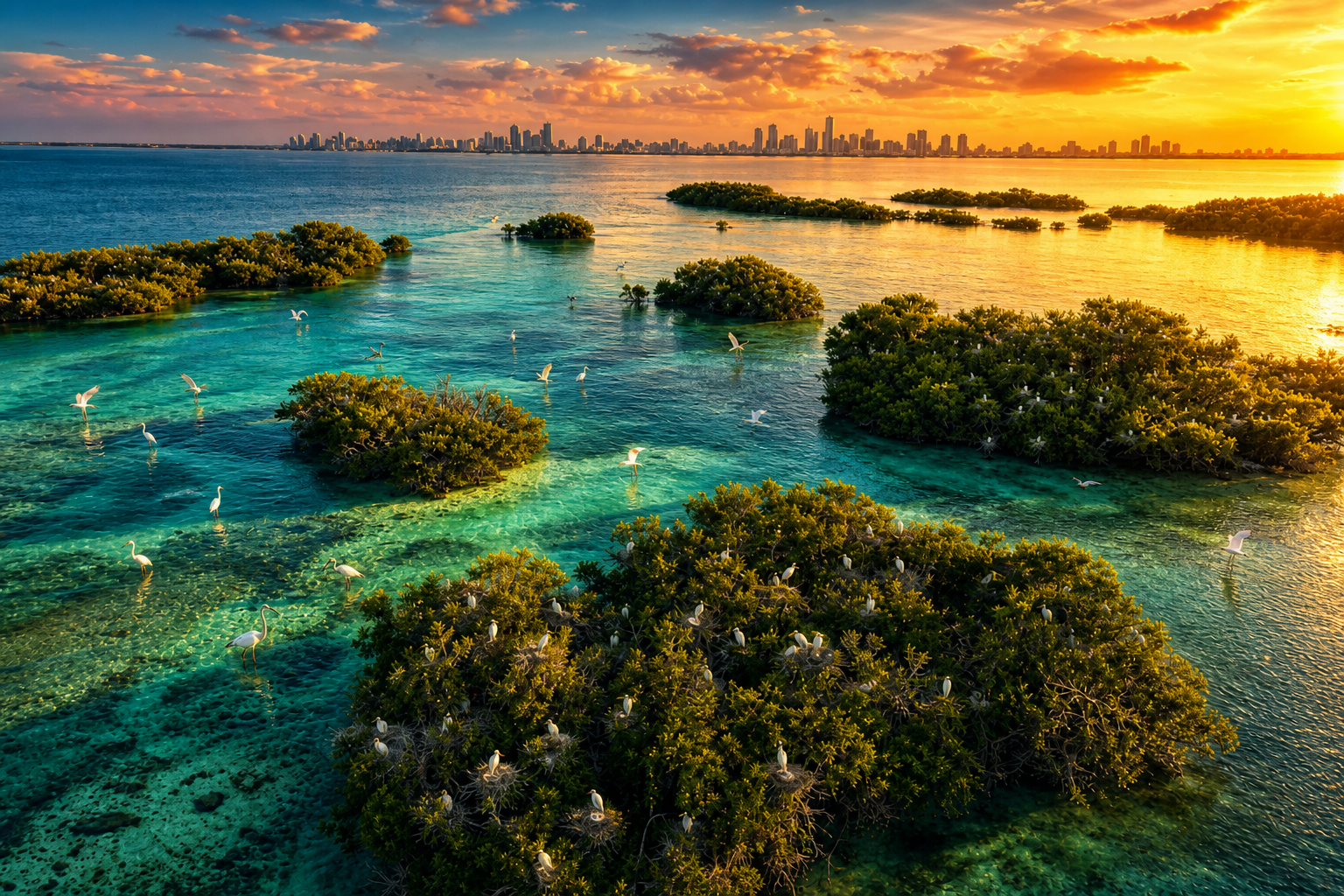 Aerial view of Biscayne Bay mangrove islands with colonial waterbirds