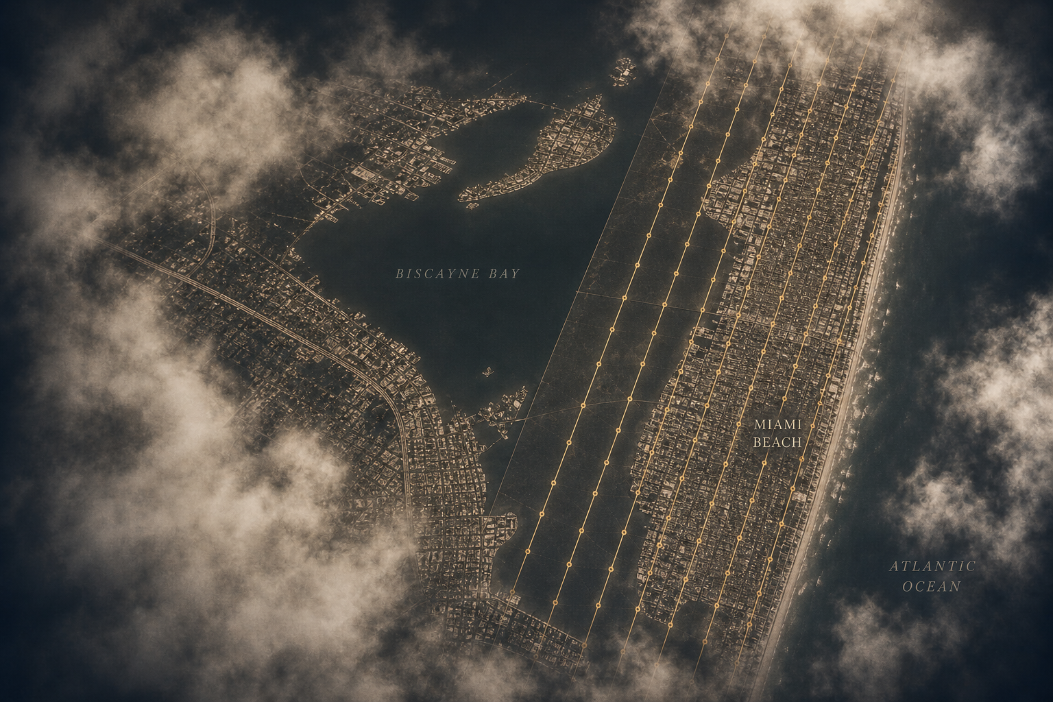 Historical aerial view of Miami and Biscayne Bay